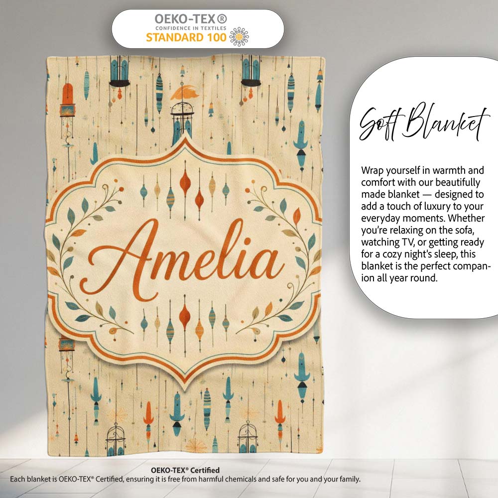 Vintage Hanging Birdcages and Floral Elements Seamless Pattern Personalised Custom Name Super Soft Fleece Blanket Bed Sofa Throw