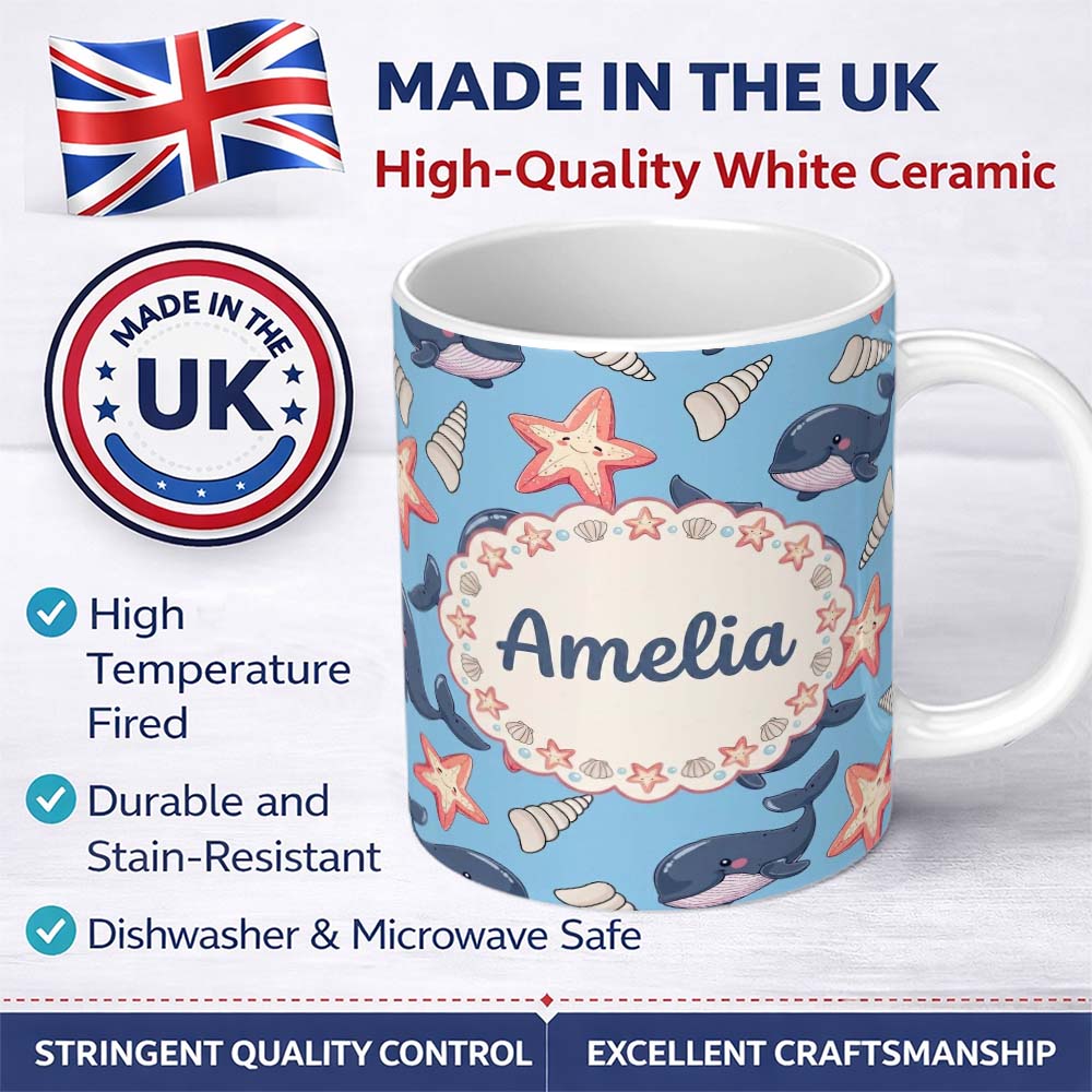 Personalized Custom Name Cute Kawaii Whale Starfish Seashell Ocean Animals Blue Background 11oz Ceramic Coffee Tea Mug White Large Handle