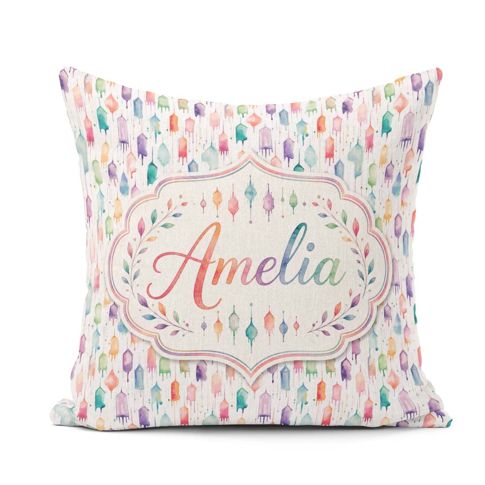 Custom Name Pastel Watercolor Hanging Lantern Seamless Pattern Square Filled Cushion Throw Pillow Sofa Bed Home Decor Zip Washable UK Made