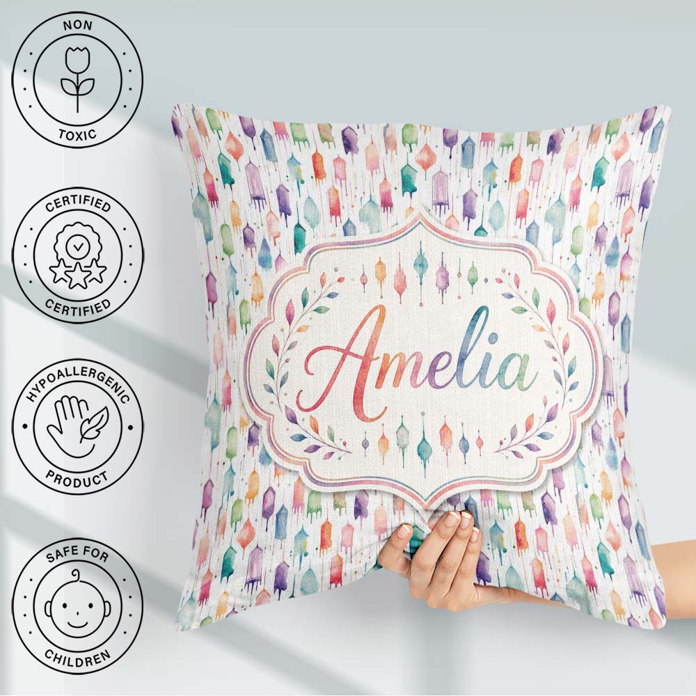 Custom Name Pastel Watercolor Hanging Lantern Seamless Pattern Square Filled Cushion Throw Pillow Sofa Bed Home Decor Zip Washable UK Made