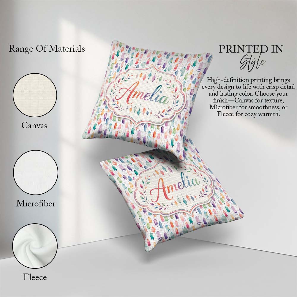 Custom Name Pastel Watercolor Hanging Lantern Seamless Pattern Square Filled Cushion Throw Pillow Sofa Bed Home Decor Zip Washable UK Made