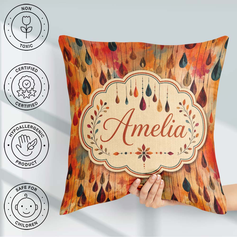 Custom Name Autumn Raindrop Abstract Watercolor Seamless Pattern Square Filled Cushion Throw Pillow Sofa Bed Home Decor Zip Washable UK Made