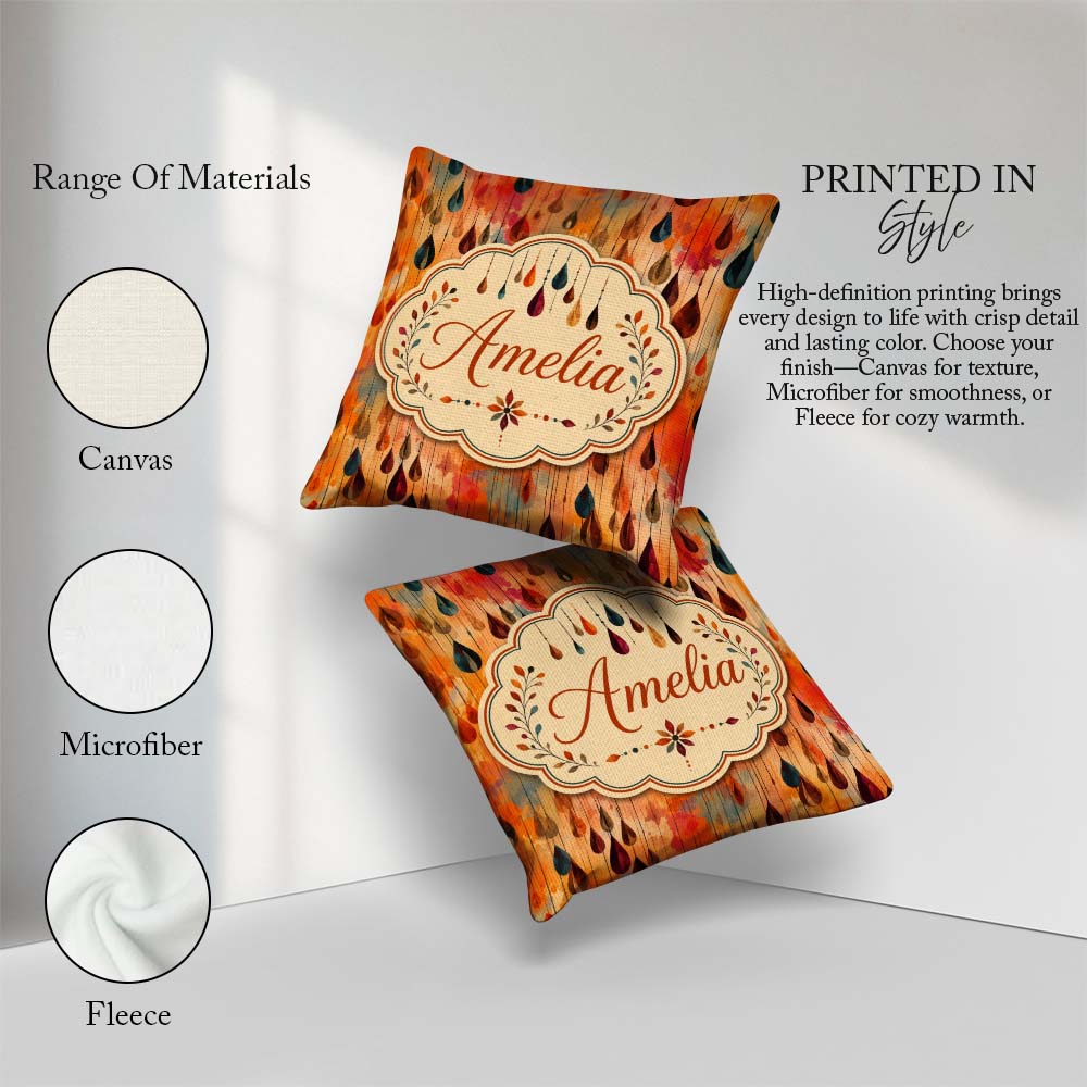 Custom Name Autumn Raindrop Abstract Watercolor Seamless Pattern Square Filled Cushion Throw Pillow Sofa Bed Home Decor Zip Washable UK Made