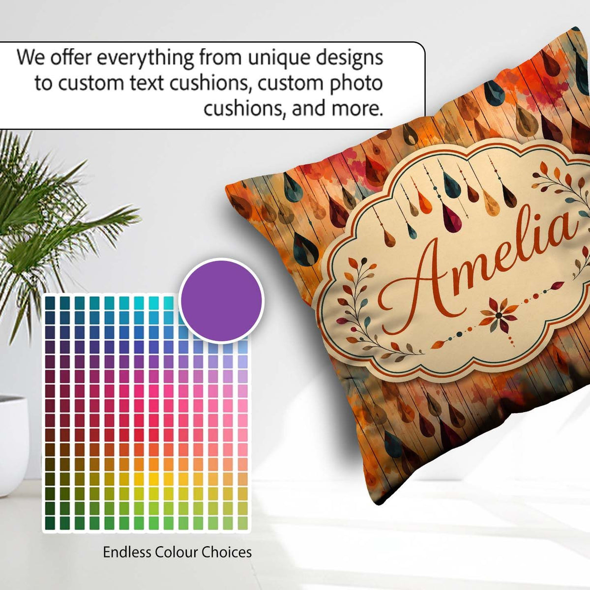 Custom Name Autumn Raindrop Abstract Watercolor Seamless Pattern Square Filled Cushion Throw Pillow Sofa Bed Home Decor Zip Washable UK Made