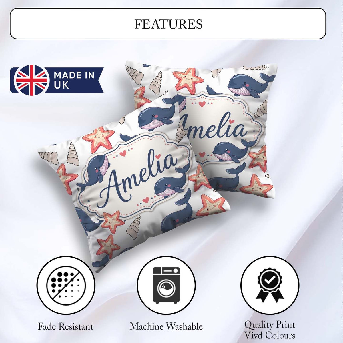 Custom Name Cute Cartoon Starfish and Seashells Seamless Pattern Square Filled Cushion Throw Pillow Sofa Bed Home Decor Zip Washable UK Made