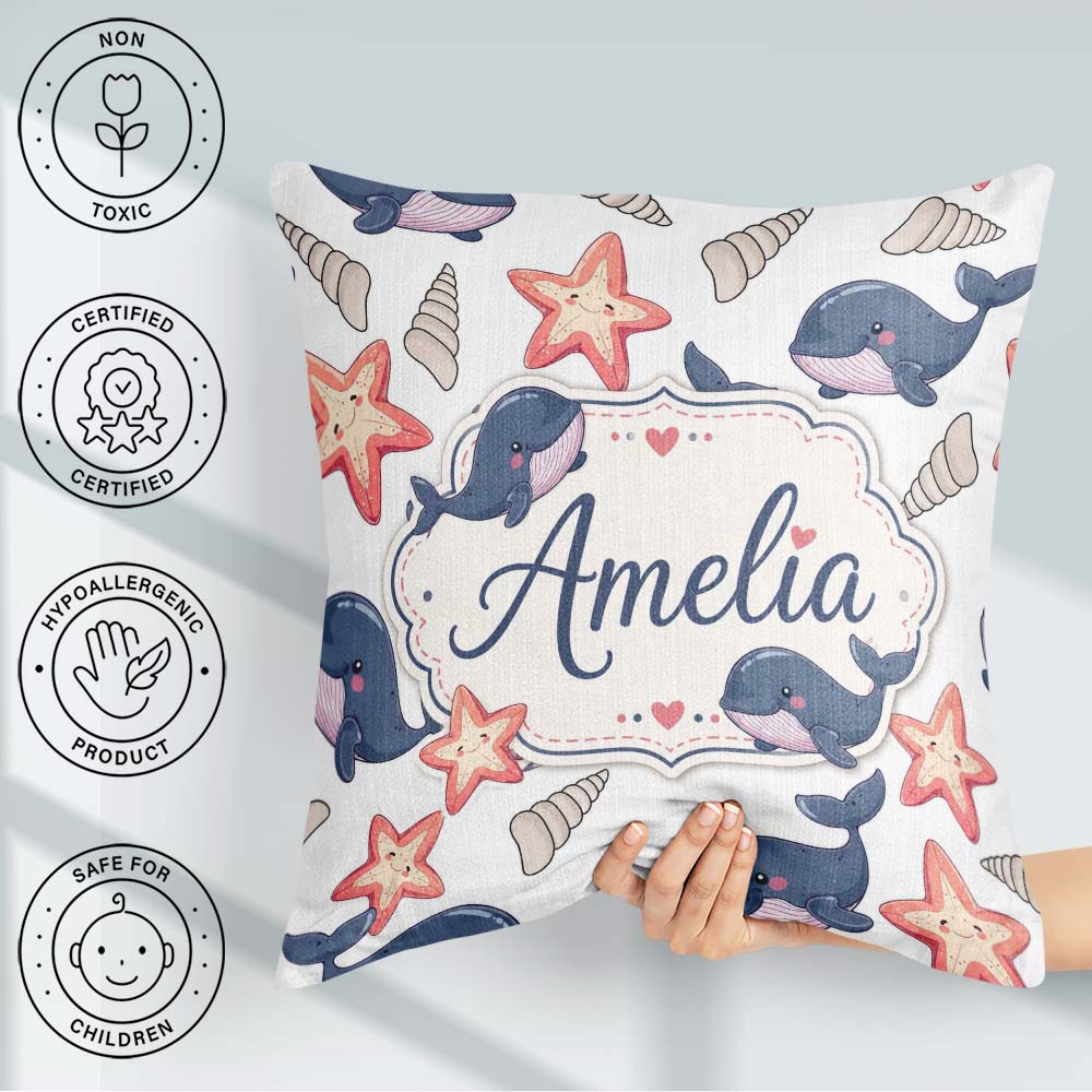 Custom Name Cute Cartoon Starfish and Seashells Seamless Pattern Square Filled Cushion Throw Pillow Sofa Bed Home Decor Zip Washable UK Made