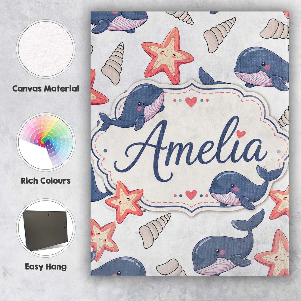 Personalised Name Cute Cartoon Whales Custom Modern Room Accent Creative Decorator Style Canvas Wall Art Print Decor Picture Ready to Hang