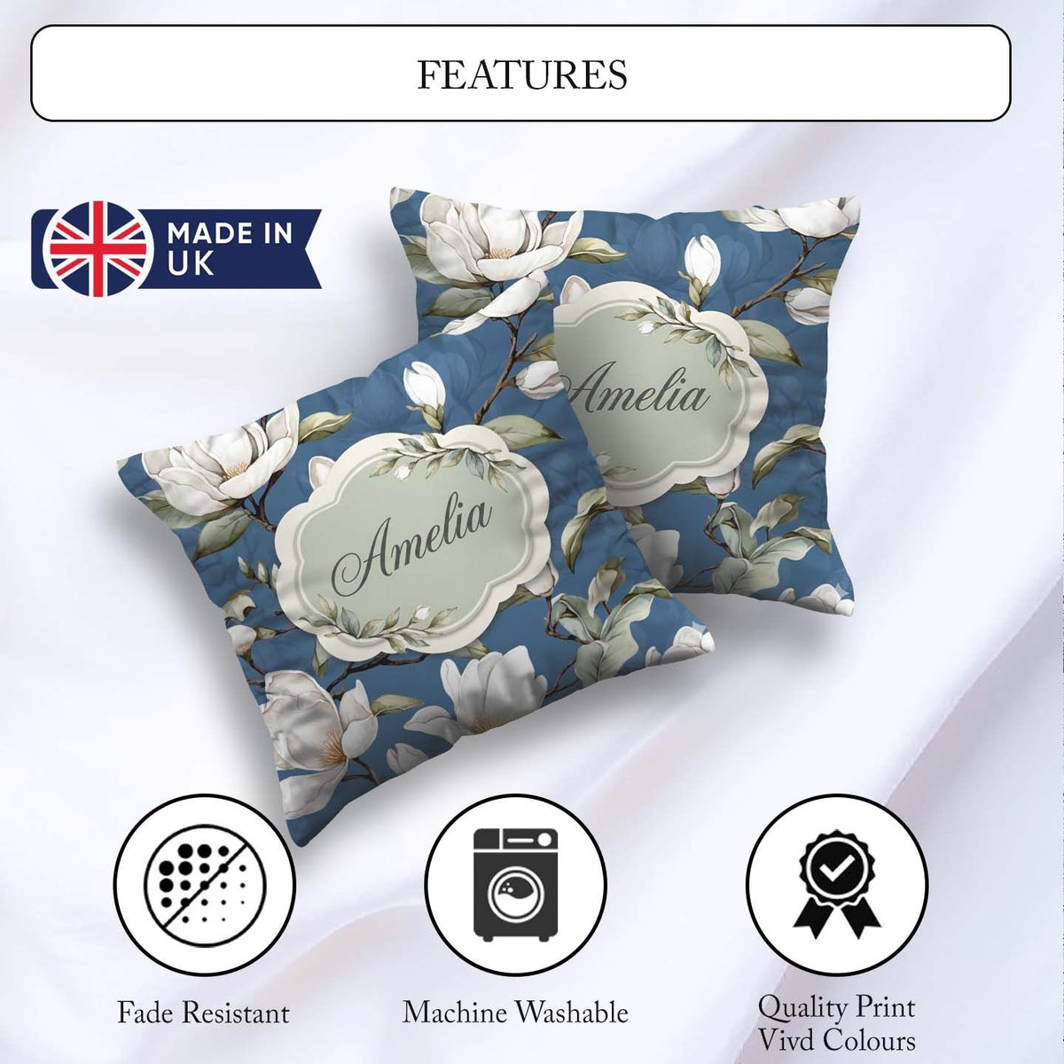 Custom Name Elegant Magnolia Flowers on Blue Background Seamless Square Filled Cushion Throw Pillow Sofa Bed Home Decor Zip Washable UK Made