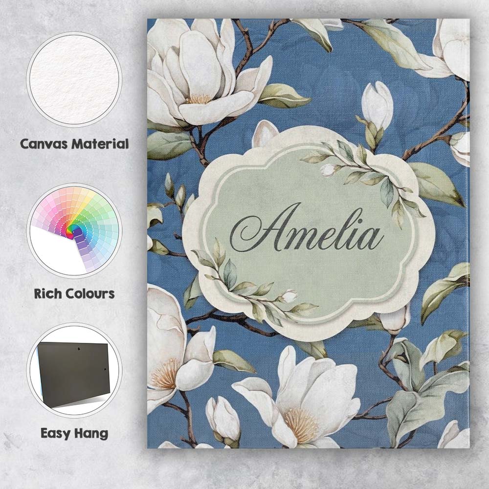 Personalised Name Elegant White Magnolia Custom Interior Decorative Contemporary Canvas Wall Art Print Decor Picture Ready to Hang