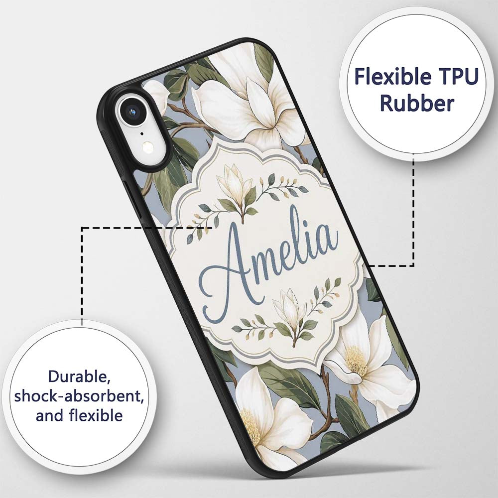 Vintage Magnolia Floral Branches Soft Neutral Custom Name Protective Phone Case Mobile Cover Durable Everyday Smartphone Shock Resistant