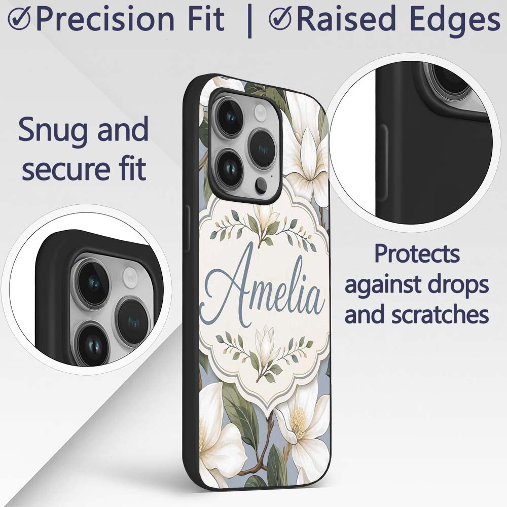 Vintage Magnolia Floral Branches Soft Neutral Custom Name Protective Phone Case Mobile Cover Durable Everyday Smartphone Shock Resistant