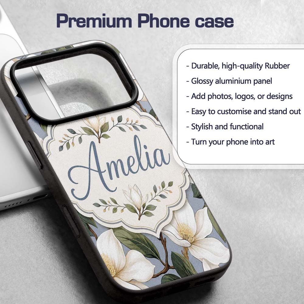 Vintage Magnolia Floral Branches Soft Neutral Custom Name Protective Phone Case Mobile Cover Durable Everyday Smartphone Shock Resistant