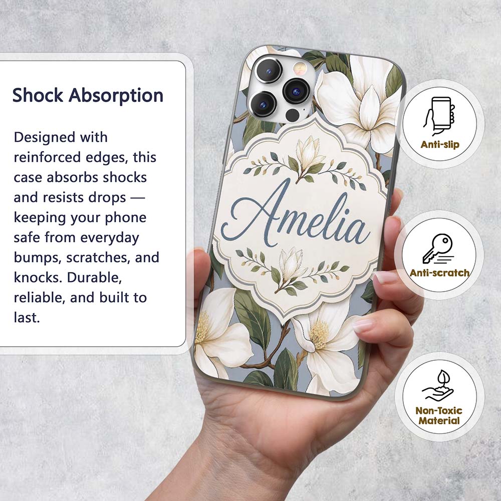 Vintage Magnolia Floral Branches Soft Neutral Custom Name Protective Phone Case Mobile Cover Durable Everyday Smartphone Shock Resistant