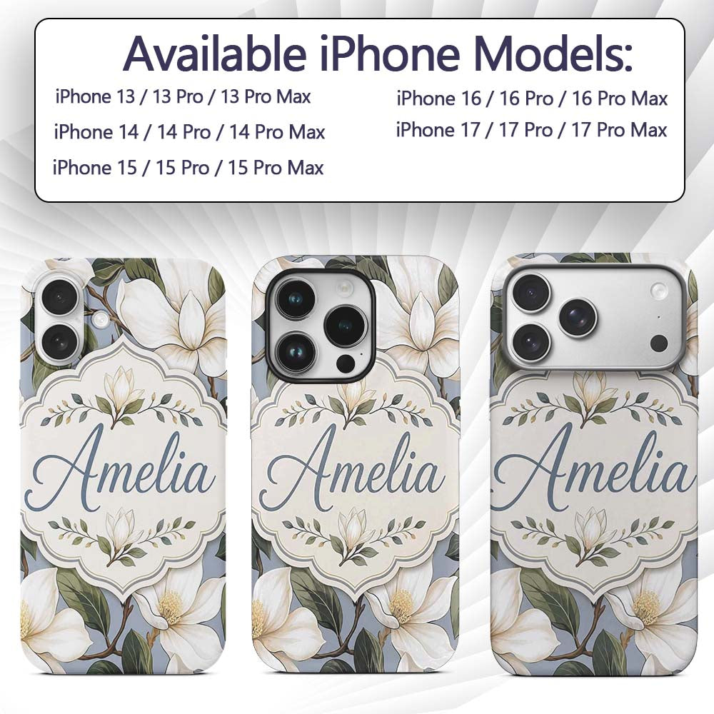 Vintage Magnolia Floral Branches Soft Neutral Custom Name Protective Phone Case Mobile Cover Durable Everyday Smartphone Shock Resistant