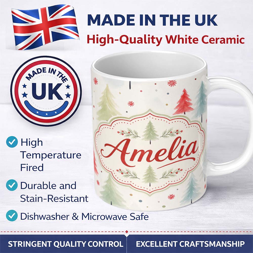 Personalized Custom Name Soft Watercolor Christmas Trees Minimal Winter Seamless Pattern 11oz Ceramic Coffee Tea Mug White Large Handle