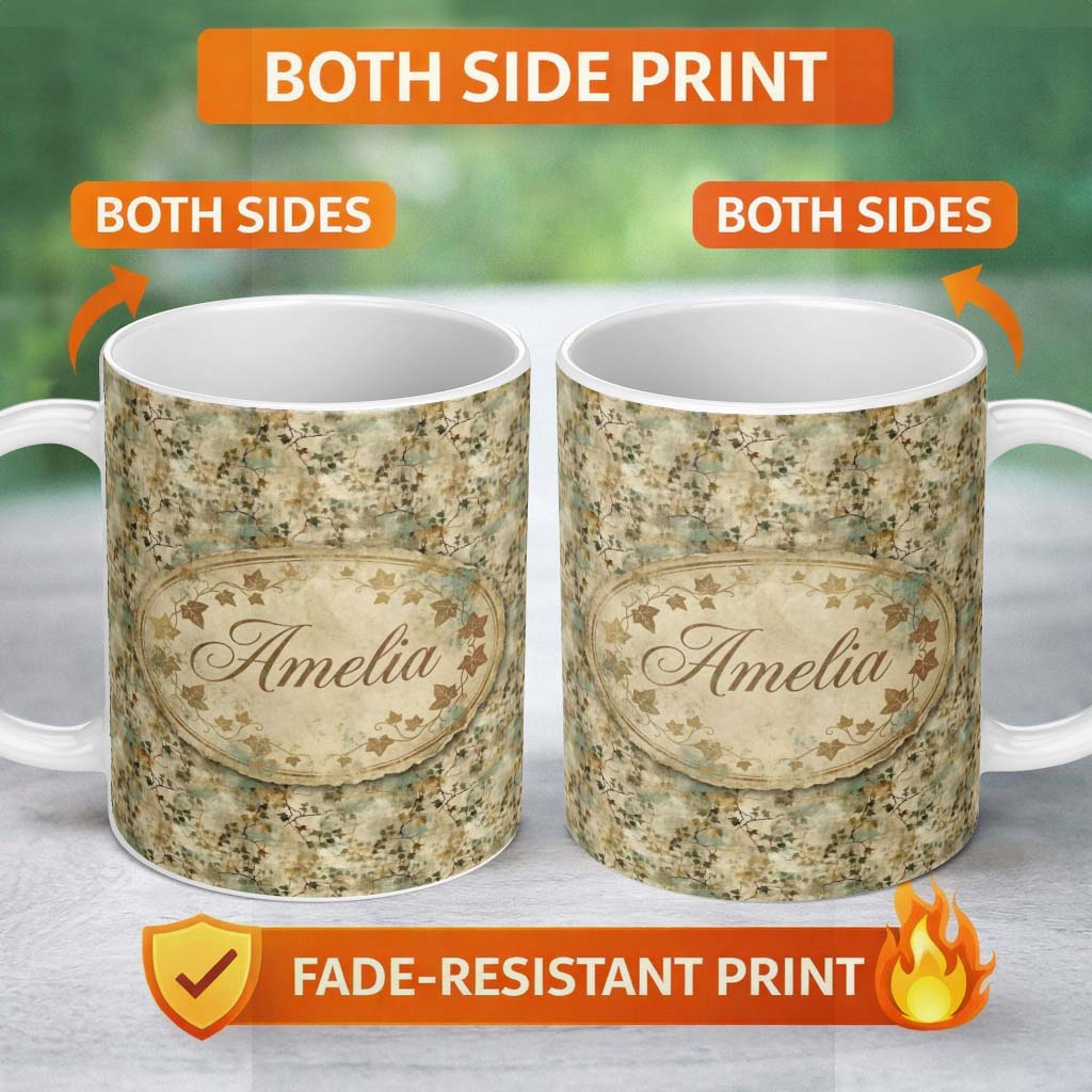 Personalized Custom Name Vintage Distressed Leafy Branch Botanical Seamless Pattern Lovely 11oz Ceramic Coffee Tea Mug White Large Handle