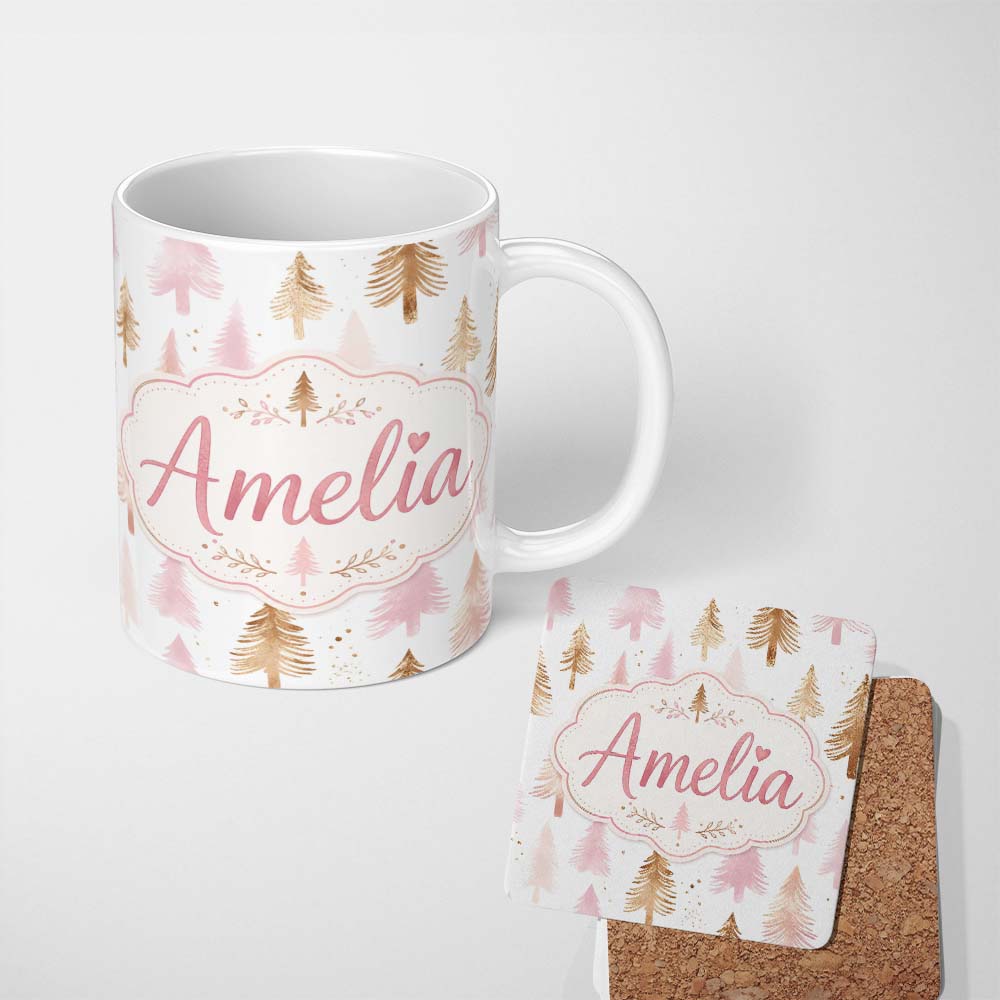 Personalized Custom Name Elegant Gold Pink Christmas Tree Watercolor Seamless Pattern Lovely 11oz Ceramic Coffee Tea Mug White Large Handle