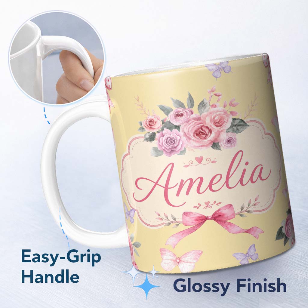Personalized Custom Name Elegant Watercolor Rose Bouquet Ribbon Butterfly Soft Yellow Lovely 11oz Ceramic Coffee Tea Mug White Large Handle