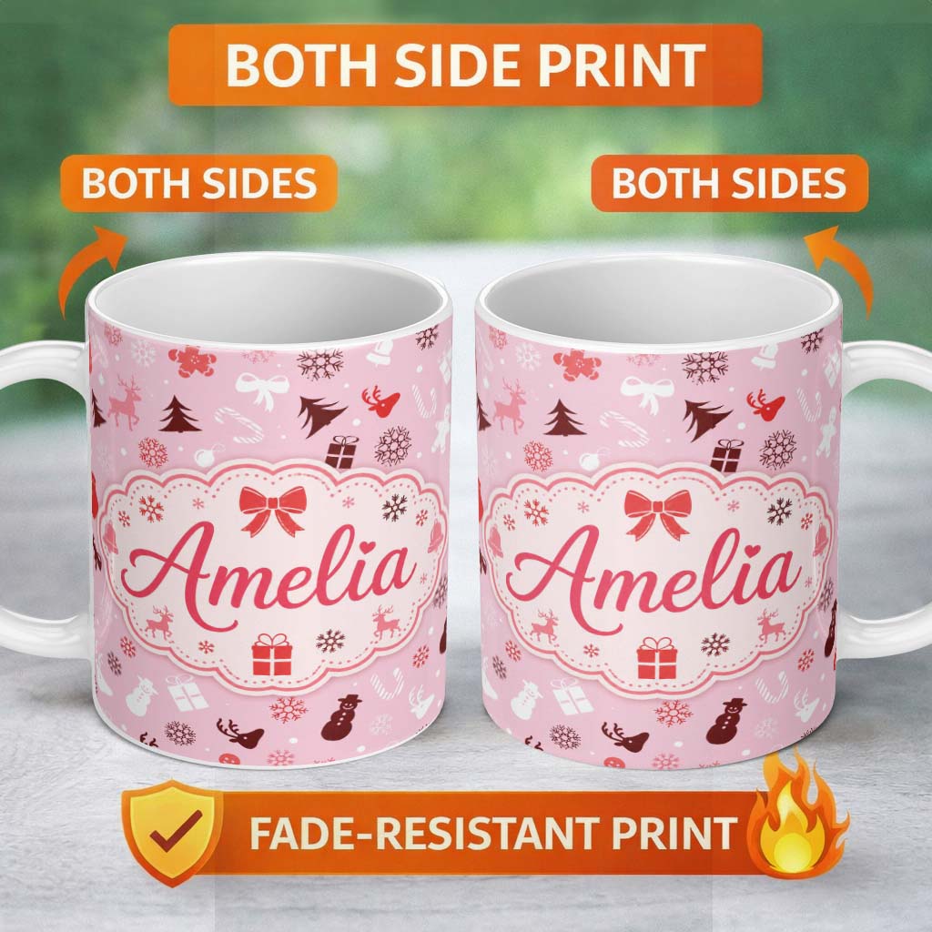 Personalized Custom Name Festive Red White Christmas Mixed Seamless Pattern Cute Unique Gift 11oz Ceramic Coffee Tea Mug White Large Handle