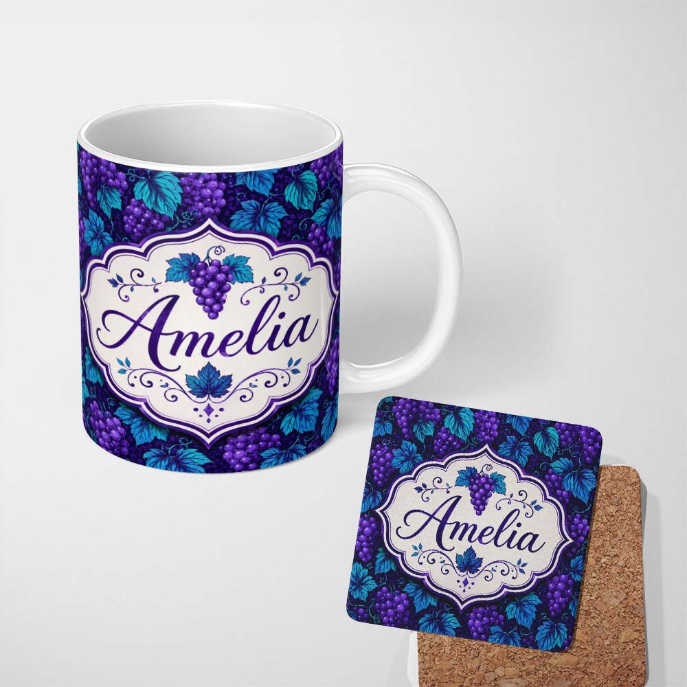 Personalized Custom Name Vintage Style Grapes Botanical Illustration Seamless Pattern Lovely 11oz Ceramic Coffee Tea Mug White Large Handle