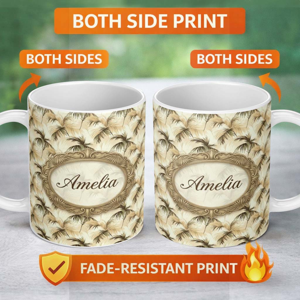 Personalized Custom Name Neutral Palm Leaf Silhouette Pattern in Soft Beige and Brown Tones 11oz Ceramic Coffee Tea Mug White Large Handle