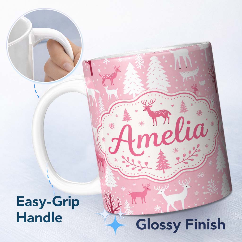 Personalized Custom Name Cute Pink Winter Forest Deer Tree Seamless Pattern Cute Unique Gift 11oz Ceramic Coffee Tea Mug White Large Handle