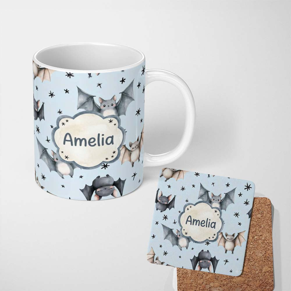 Personalized Custom Name Cute Baby Bats with Stars Night Sky Blue Background Seamless 11oz Ceramic Coffee Tea Mug White Large Handle