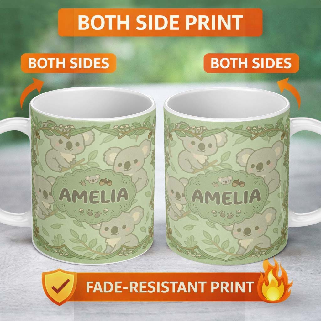 Personalized Custom Name Cute Koala Cartoon Animal Pattern Thoughtful Gift Idea Lovely 11oz Ceramic Coffee Tea Mug White Large Handle