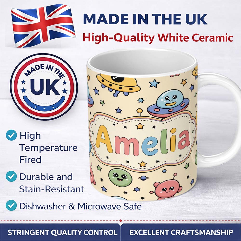 Personalized Custom Name Cute Cartoon UFO Aliens Galaxy Stars Space Seamless Pattern Lovely 11oz Ceramic Coffee Tea Mug White Large Handle