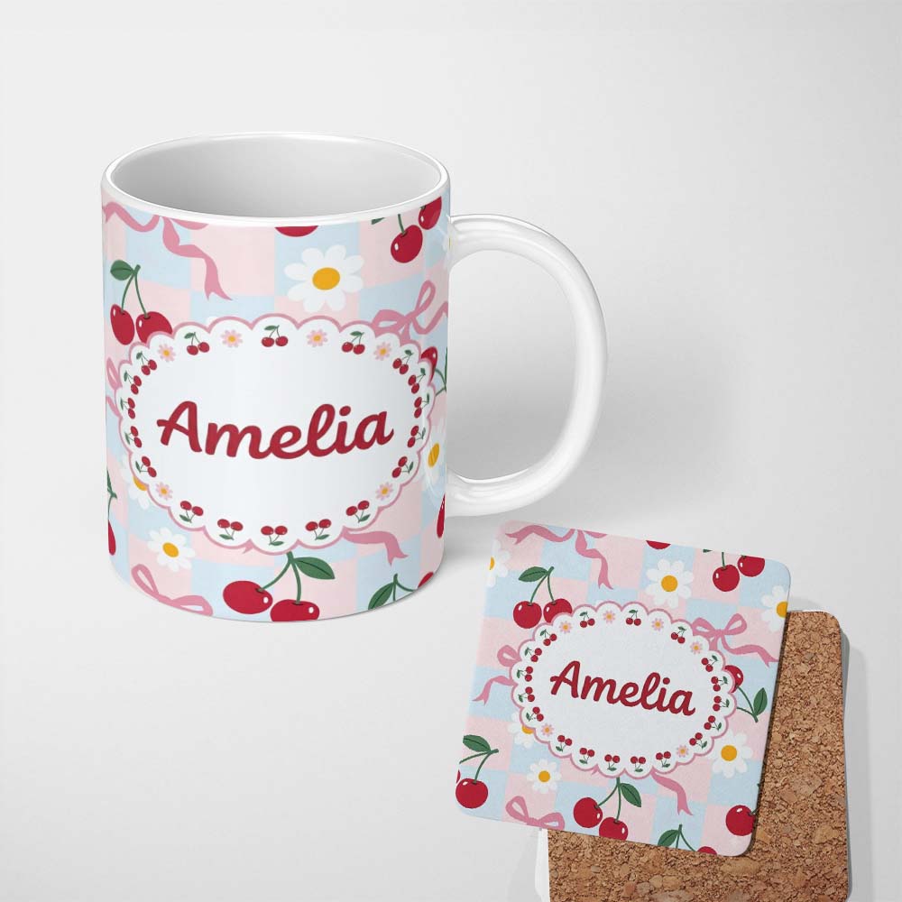 Personalized Custom Name Cute Cherry and Daisy Flowers with Pink Ribbon Bows Blue Check 11oz Ceramic Coffee Tea Mug White Large Handle