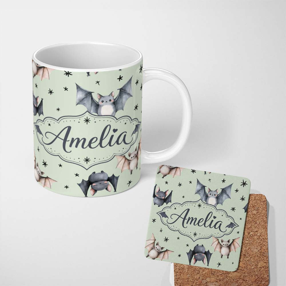 Personalized Custom Name Cute Watercolor Bats and Stars Seamless Pattern Soft Green Lovely 11oz Ceramic Coffee Tea Mug White Large Handle