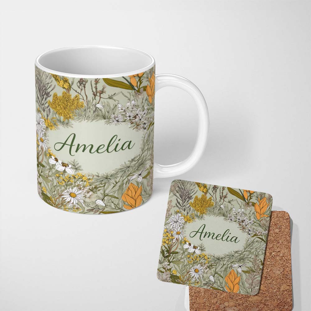 Personalized Custom Name Vintage Botanical Floral Sage Green Detailed Seamless Pattern Lovely 11oz Ceramic Coffee Tea Mug White Large Handle