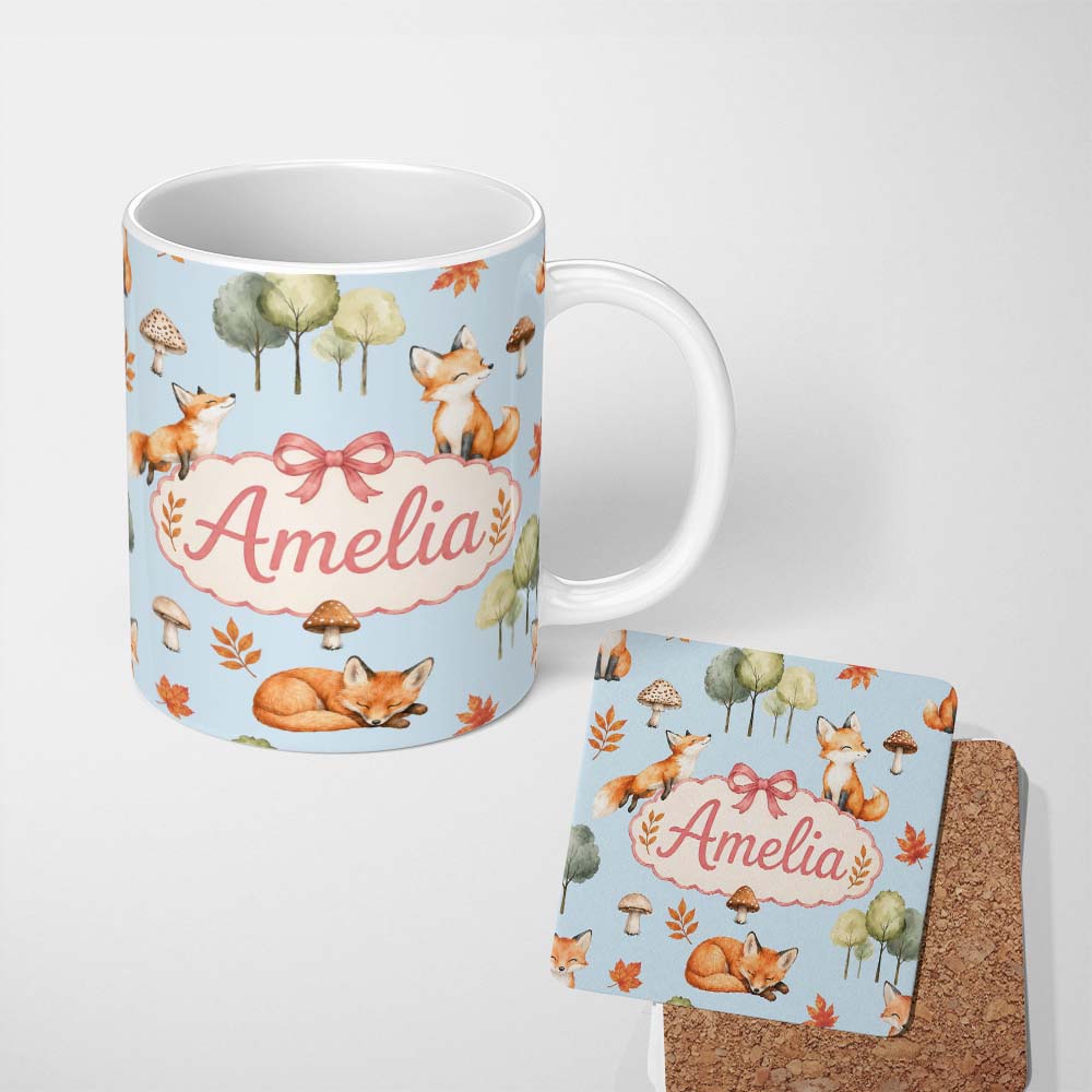 Personalized Custom Name Watercolor Woodland Fox Mushroom Autumn Seamless Pattern on Blue 11oz Ceramic Coffee Tea Mug White Large Handle