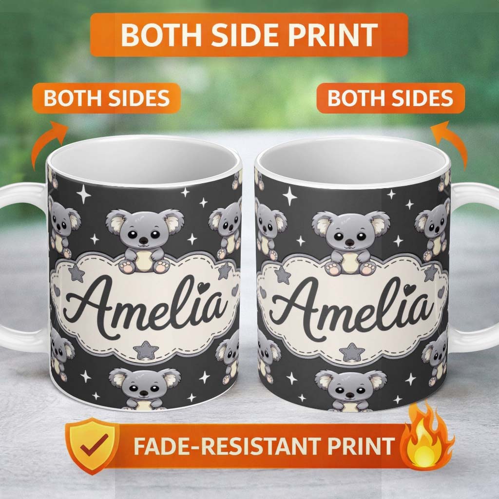 Personalized Custom Name Cute Koala Bears with Stars Dark Grey Background Seamless Pattern 11oz Ceramic Coffee Tea Mug White Large Handle