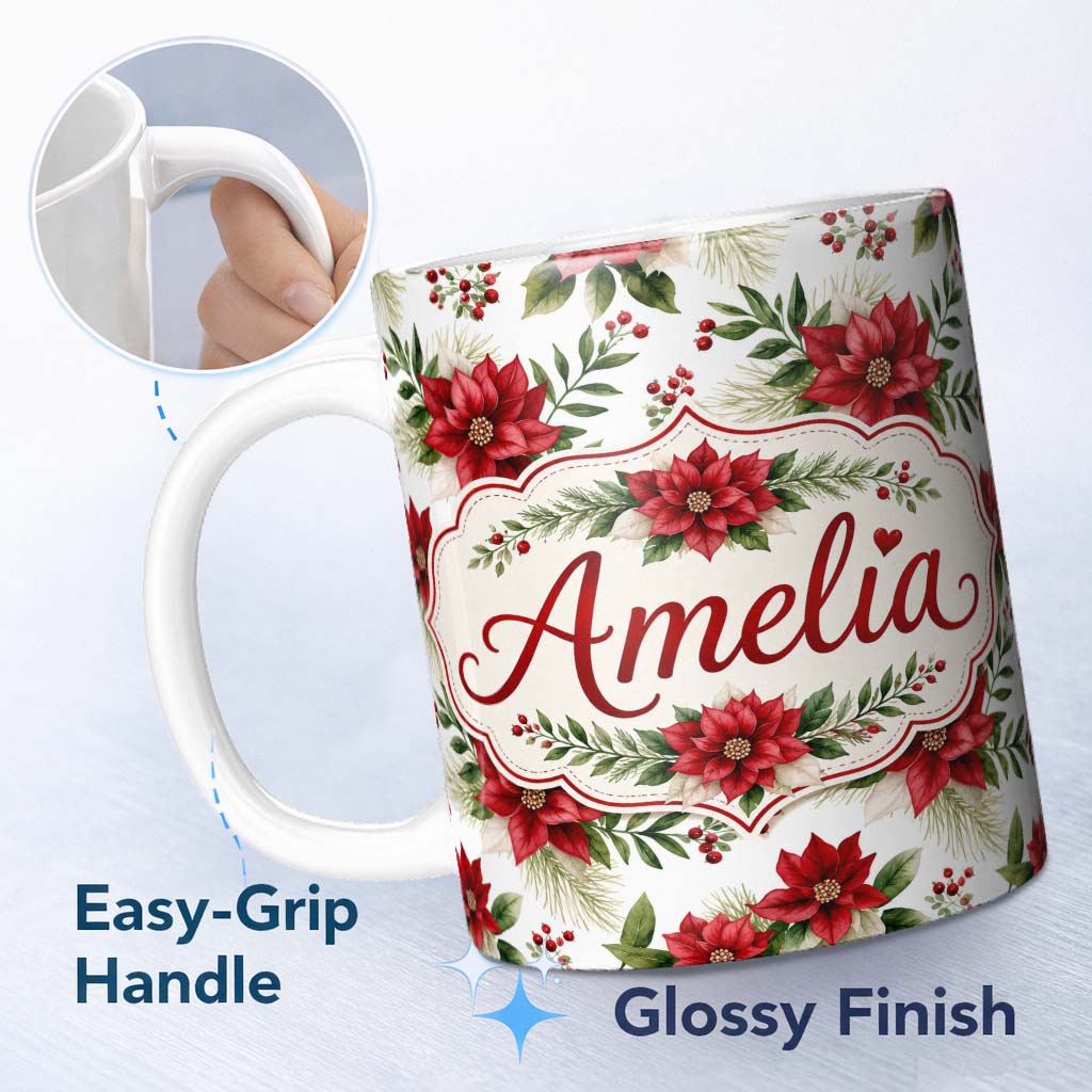Personalized Custom Name Elegant Poinsettia Flowers Green Leaves Festive Seamless Pattern 11oz Ceramic Coffee Tea Mug White Large Handle