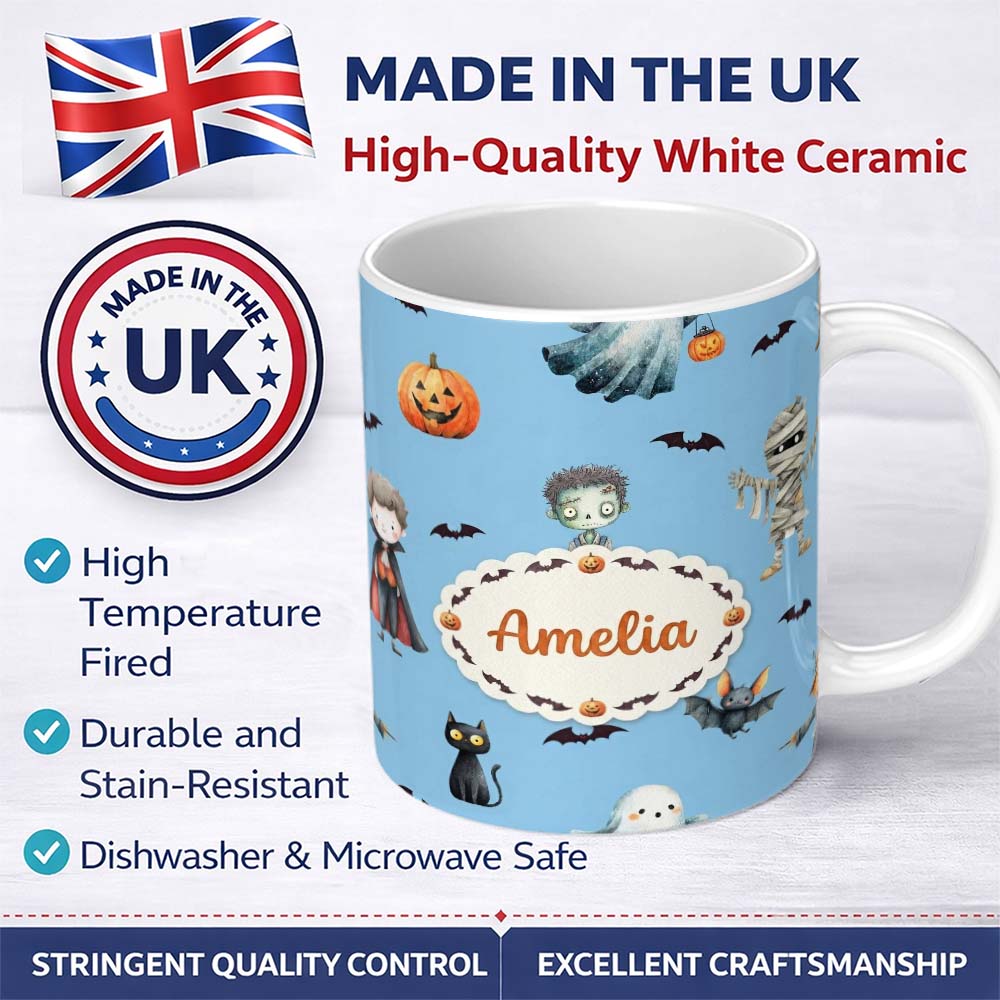 Personalized Custom Name Halloween Zombie Mummy Vampire and Bat Characters Bright Blue Lovely 11oz Ceramic Coffee Tea Mug White Large Handle