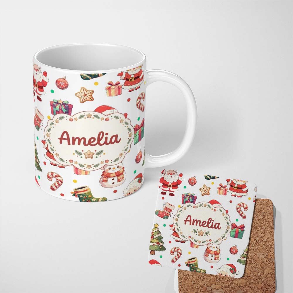 Personalized Custom Name Cute Santa Claus Mrs Claus Snowman Christmas Gift Candy Cane Lovely 11oz Ceramic Coffee Tea Mug White Large Handle