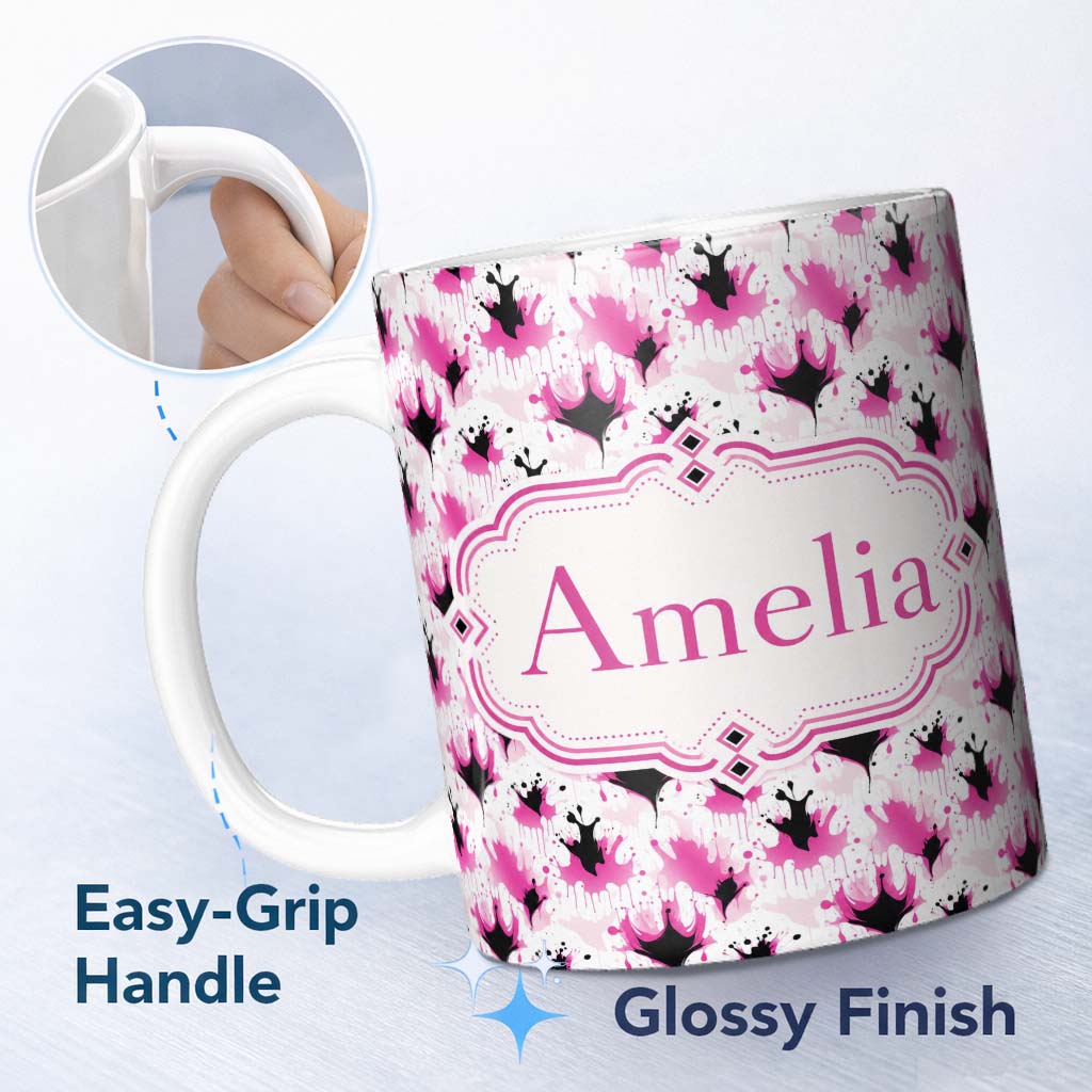 Personalized Custom Name Pink Black Ink Blot Splash Modern Abstract Seamless Pattern Lovely 11oz Ceramic Coffee Tea Mug White Large Handle