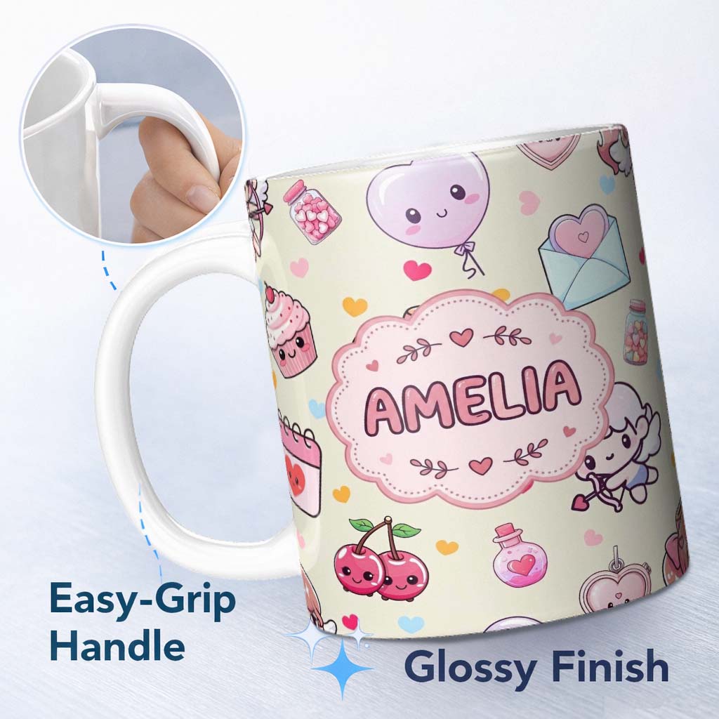 Personalized Custom Name Cute Cupid Angels Hearts Sweets Balloon Love Elements Pattern Beige 11oz Ceramic Coffee Tea Mug White Large Handle