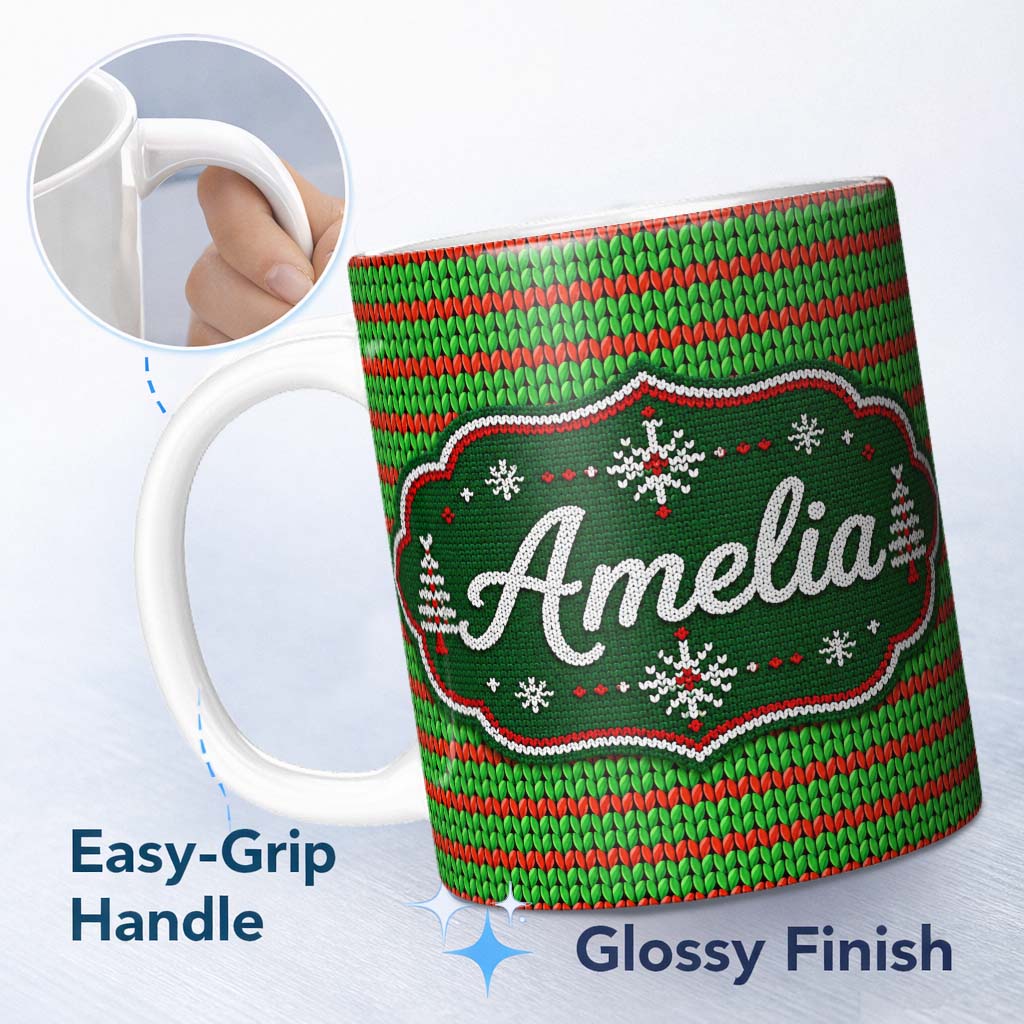 Personalized Custom Name Red Green Knitted Texture Seamless Pattern Stylish Everyday Mug 11oz Ceramic Coffee Tea Mug White Large Handle