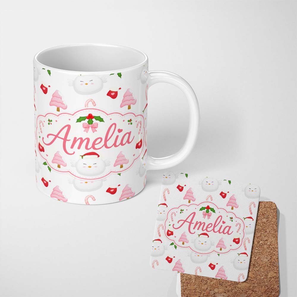 Personalized Custom Name Cute Winter Bird Santa Hat Candy Cane Holly Seamless Pattern Lovely 11oz Ceramic Coffee Tea Mug White Large Handle