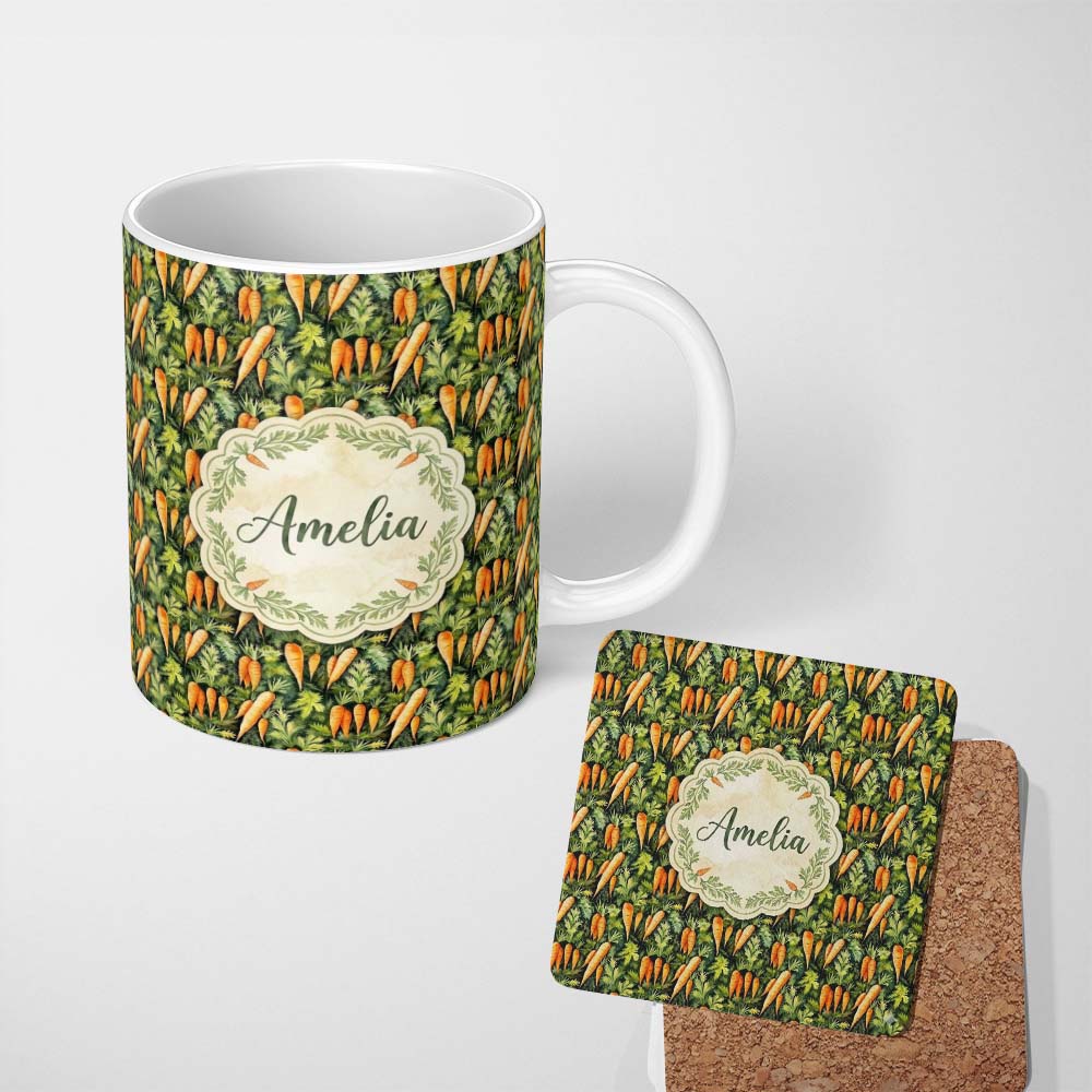 Personalized Custom Name Realistic Carrot Garden Botanical Seamless Pattern Cute Unique Gift 11oz Ceramic Coffee Tea Mug White Large Handle