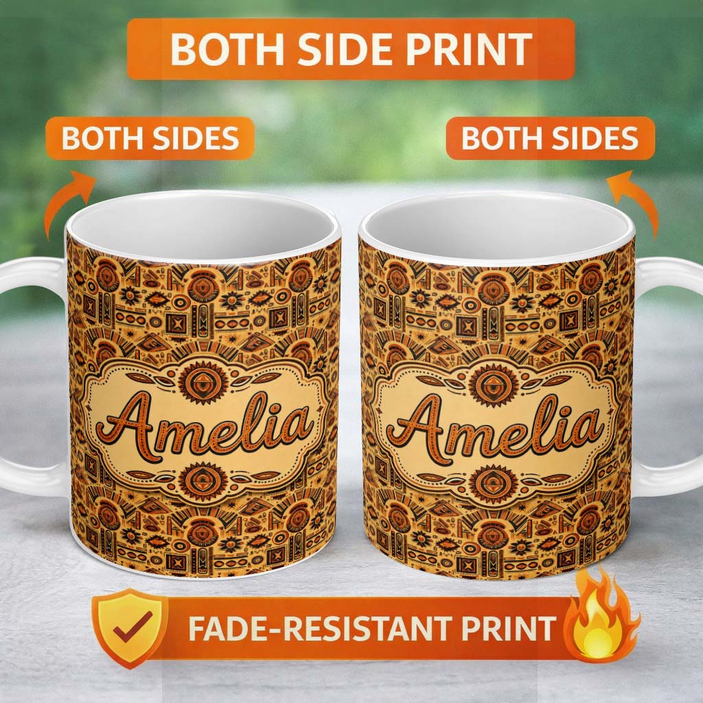Personalized Custom Name Bold Ethnic Motif Pattern with Symmetrical Tribal Elements in Rich 11oz Ceramic Coffee Tea Mug White Large Handle