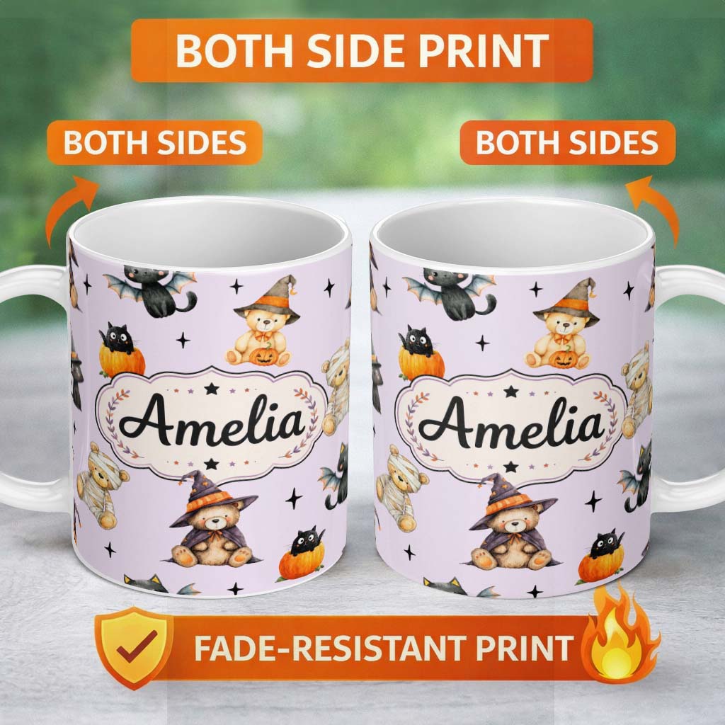 Personalized Custom Name Cute Halloween Teddy Bears Mummy Witch Cat Pumpkin Stars Purple 11oz Ceramic Coffee Tea Mug White Large Handle