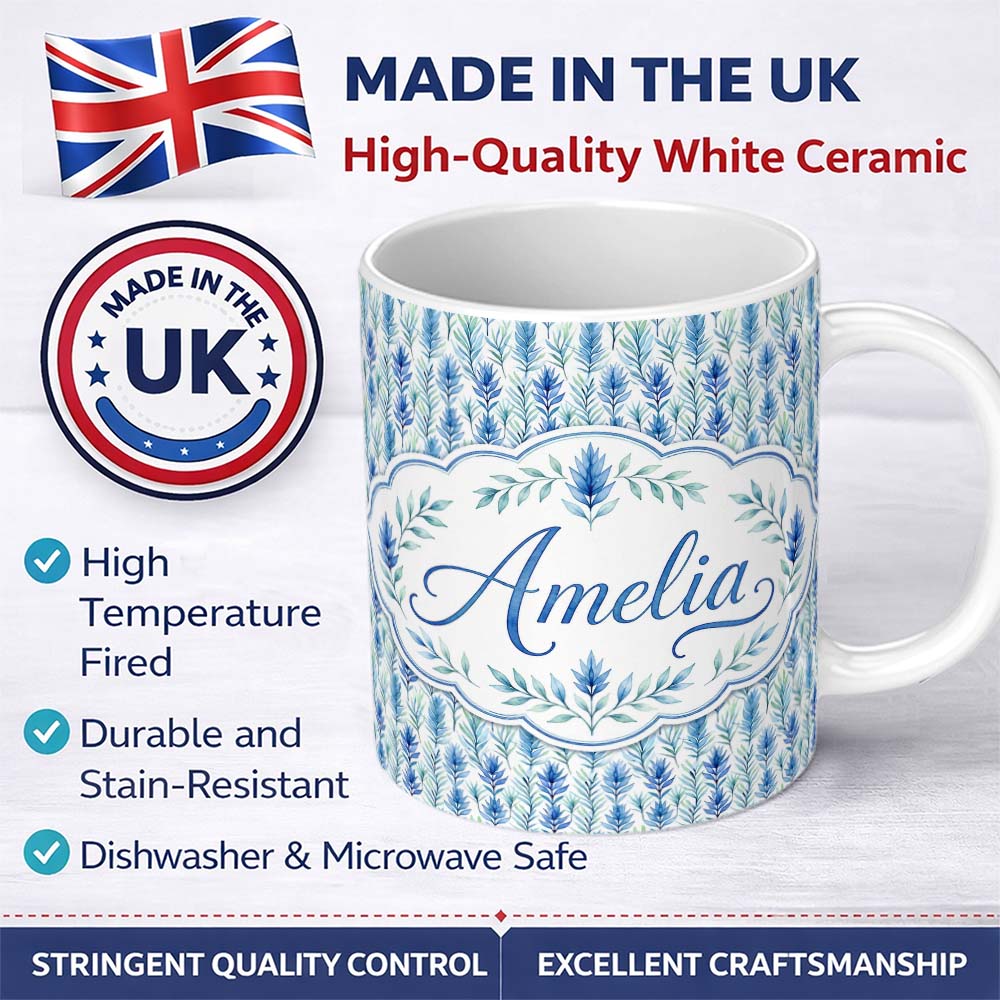 Personalized Custom Name Blue and Green Leaf Watercolor Botanical Seamless Pattern Lovely 11oz Ceramic Coffee Tea Mug White Large Handle