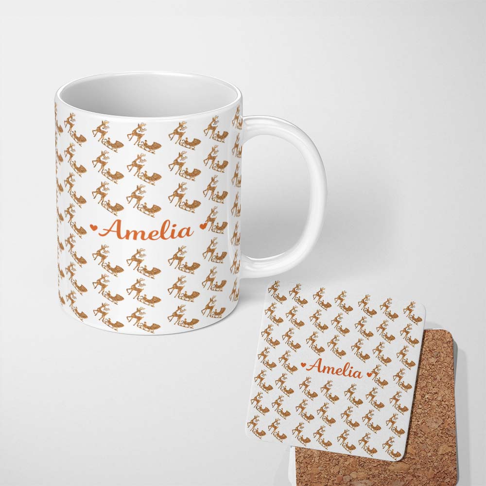 Personalized Custom Name Gold Glitter Reindeer Sleigh Christmas White Background Seamless 11oz Ceramic Coffee Tea Mug White Large Handle