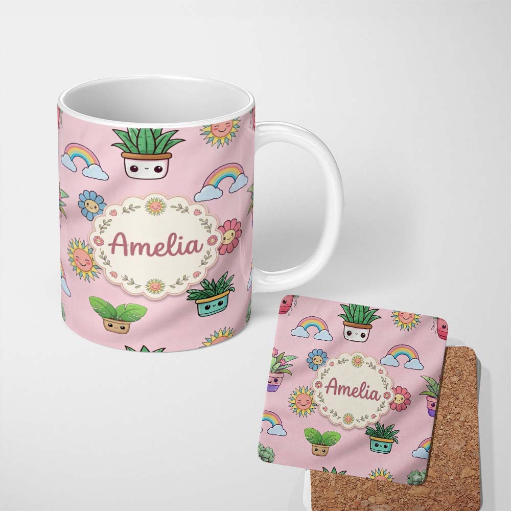 Personalized Custom Name Cute Kawaii Rainbow Sun Flowers Plant Pots Seamless Pattern Pink 11oz Ceramic Coffee Tea Mug White Large Handle