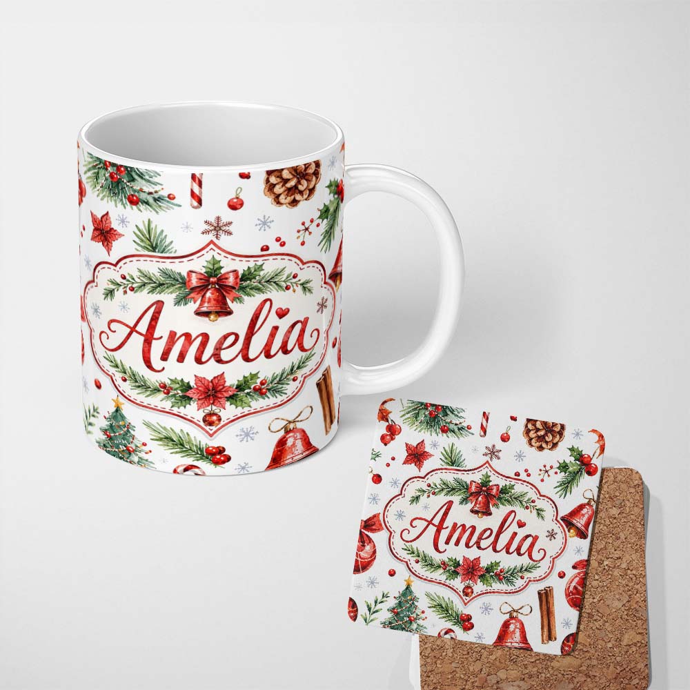 Personalized Custom Name Watercolor Christmas Santa Hat Tree Branches Snowflakes Festive 11oz Ceramic Coffee Tea Mug White Large Handle