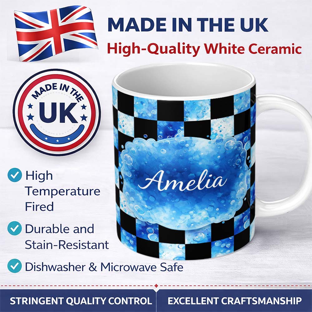 Personalized Custom Name Abstract Blue Bubble Checkered Seamless Pattern Stylish Everyday Mug 11oz Ceramic Coffee Tea Mug White Large Handle