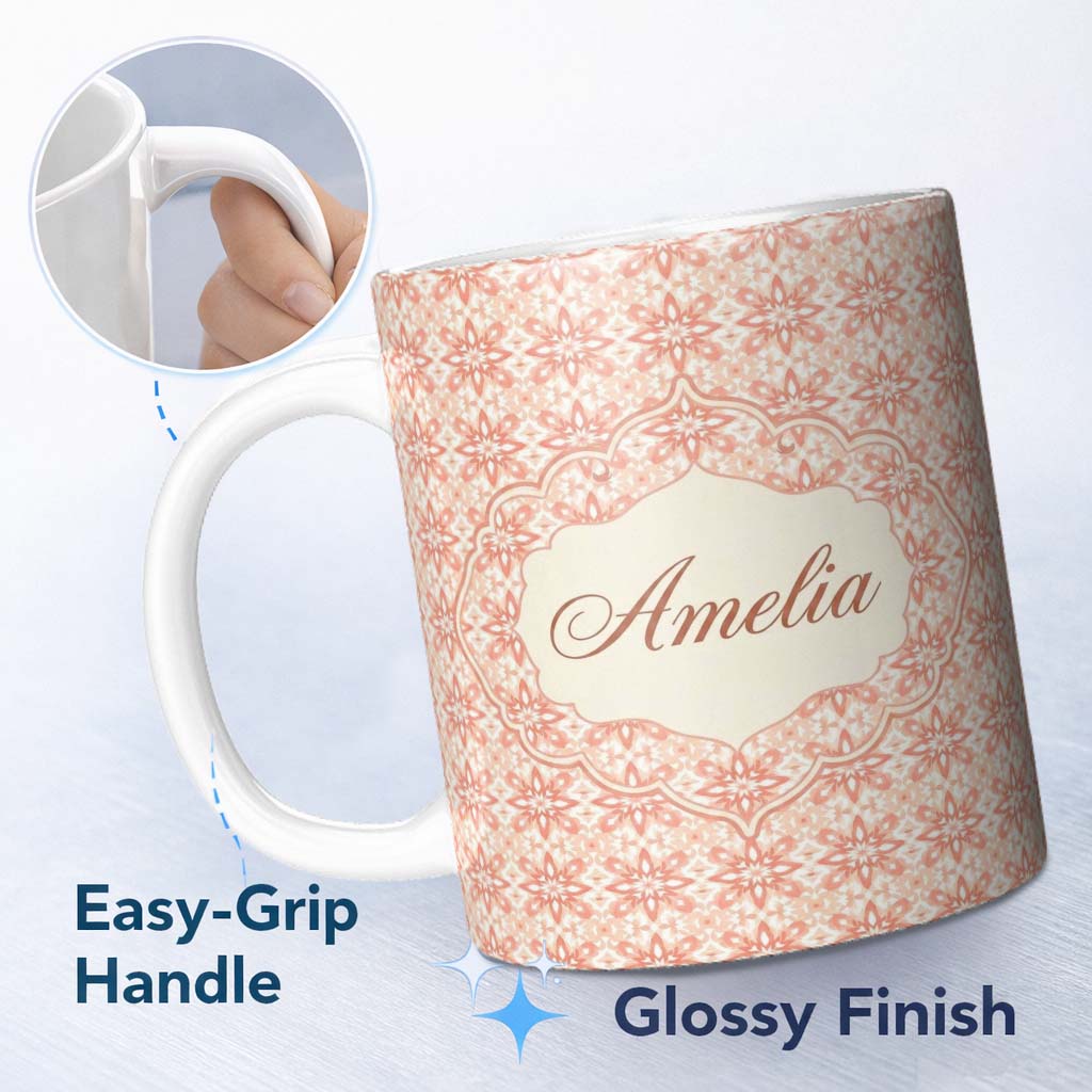 Personalized Custom Name Peach Floral Geometric Tile Seamless Pattern Stylish Everyday Mug 11oz Ceramic Coffee Tea Mug White Large Handle
